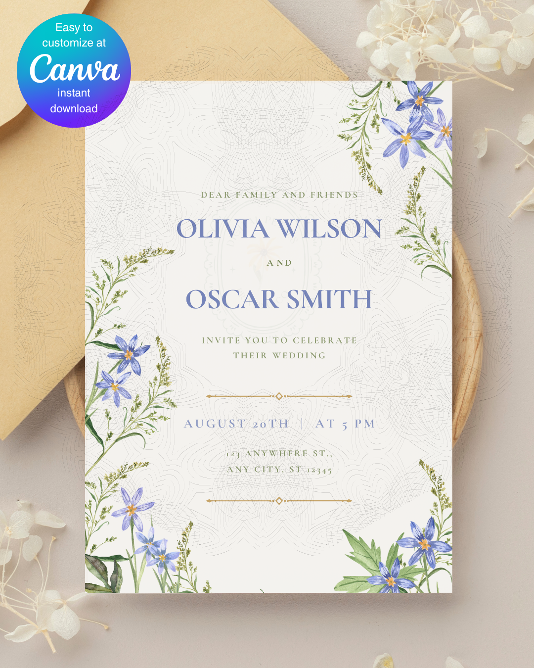 Blue Wildflower Wedding Invitation | Minimalist Printable Invite | Digital Download
