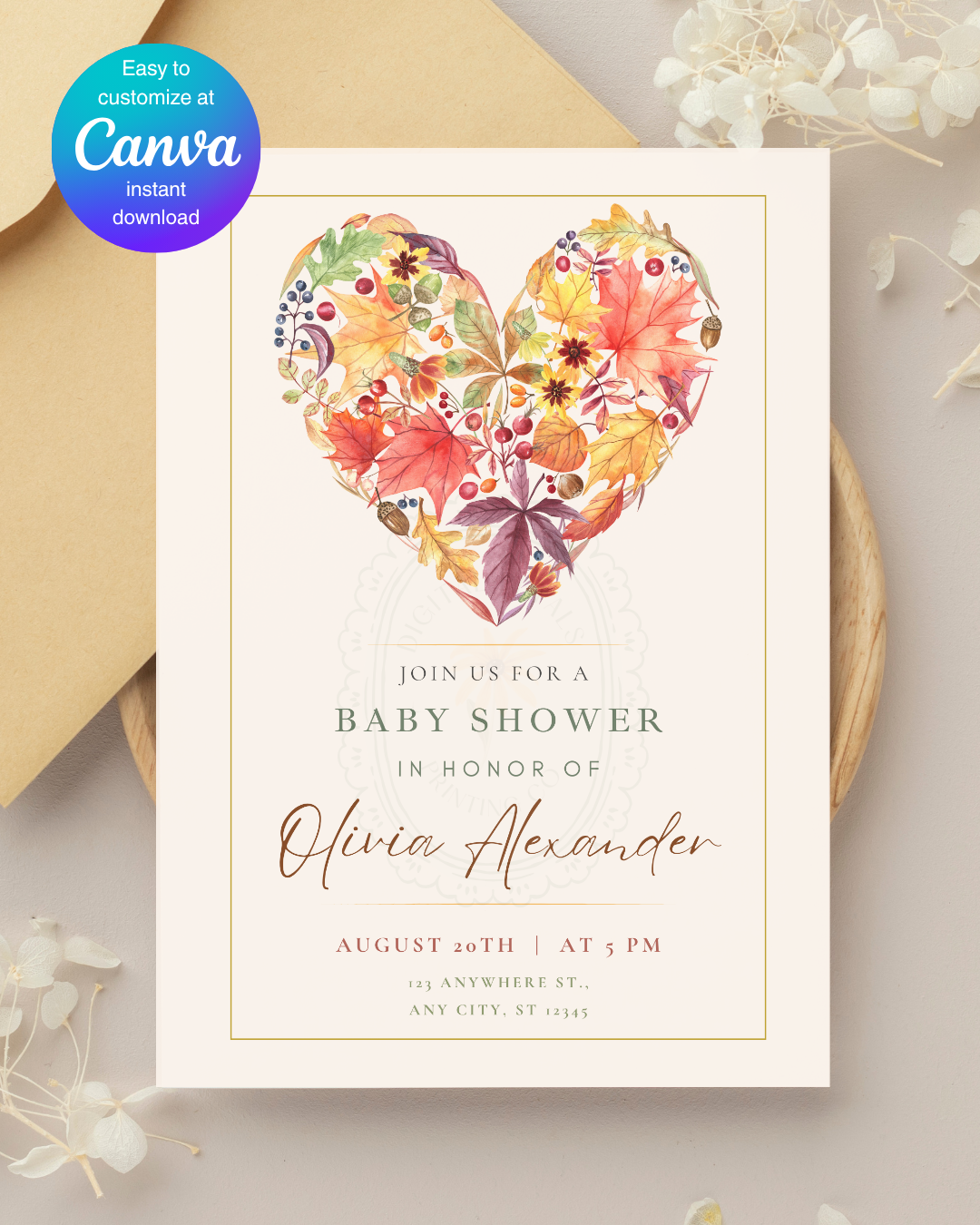 Fall Heart Baby Shower Invitation — Editable Digital Download Template