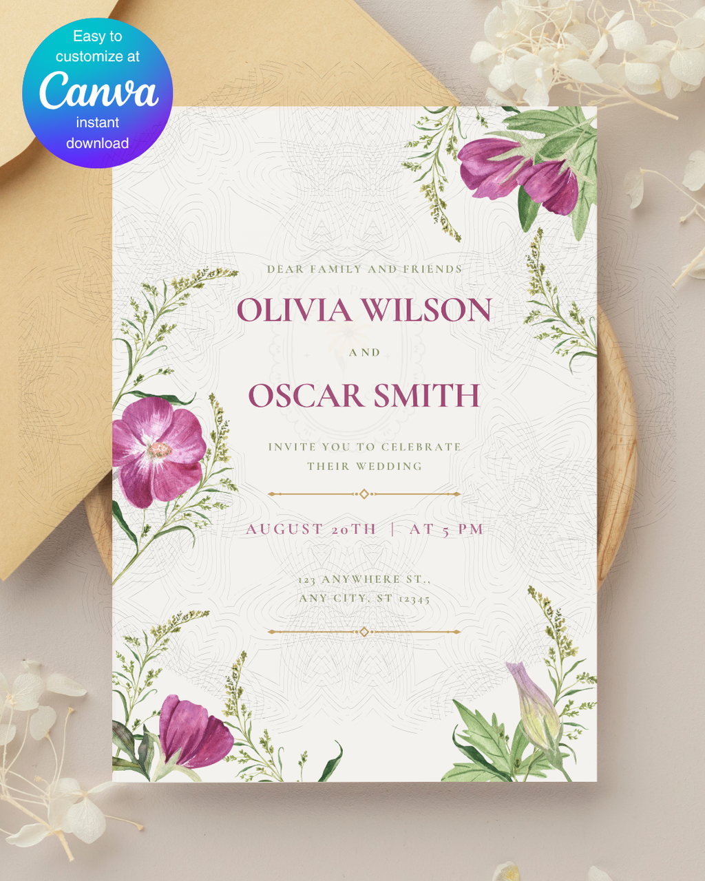 Purple Wildflower Wedding Invitation | Minimalist Printable Invite | Digital Download