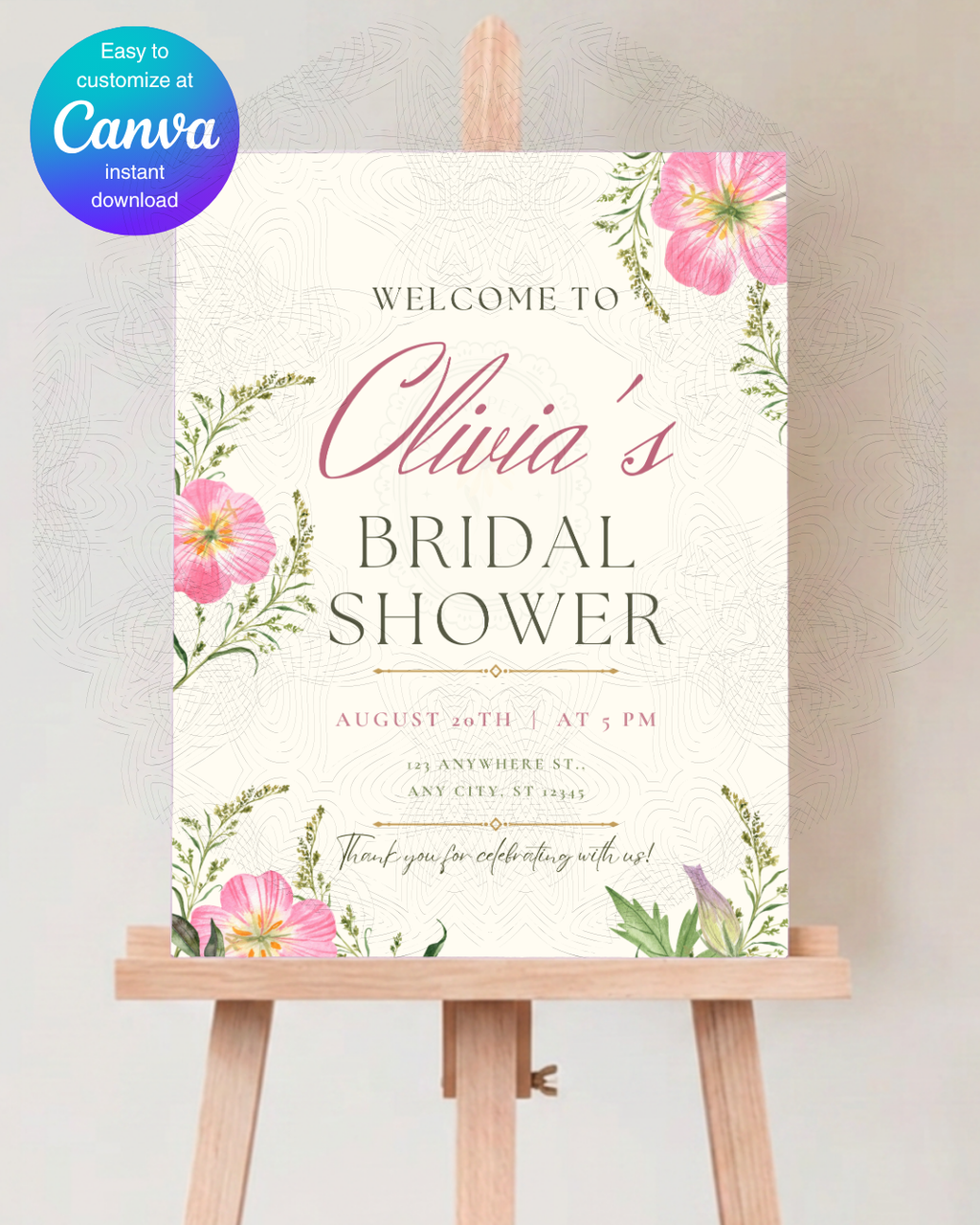 Pink Wildflower Bridal Shower Welcome Sign | Editable Canva Template | Digital Download