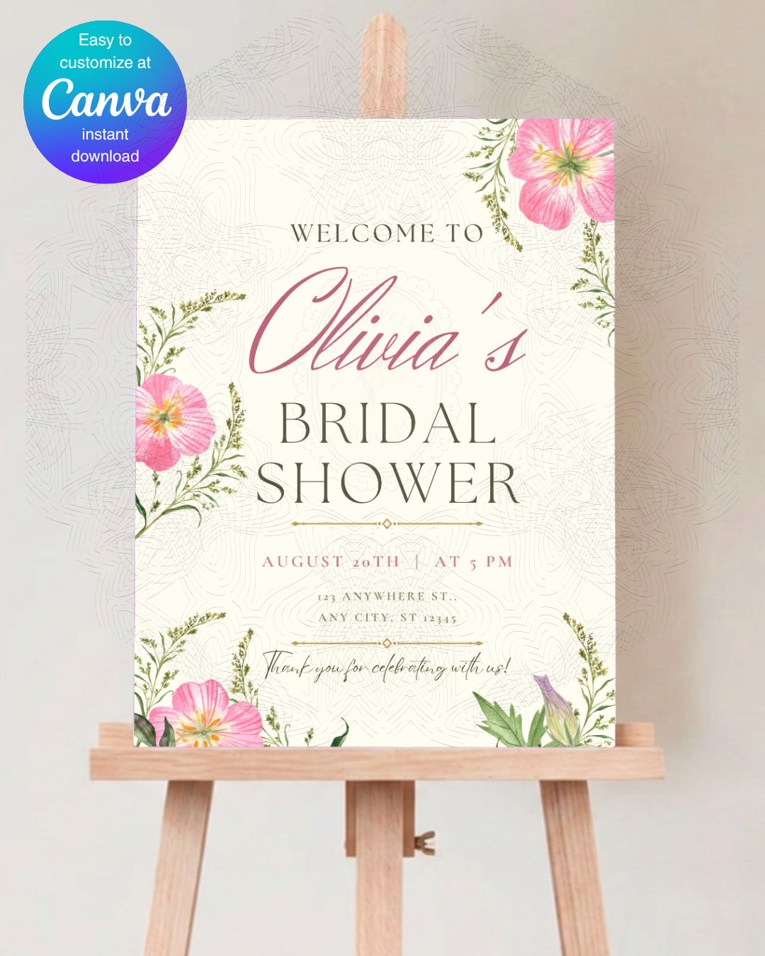 Pink Wildflower Bridal Shower Welcome Sign | Editable Canva Template | Digital Download