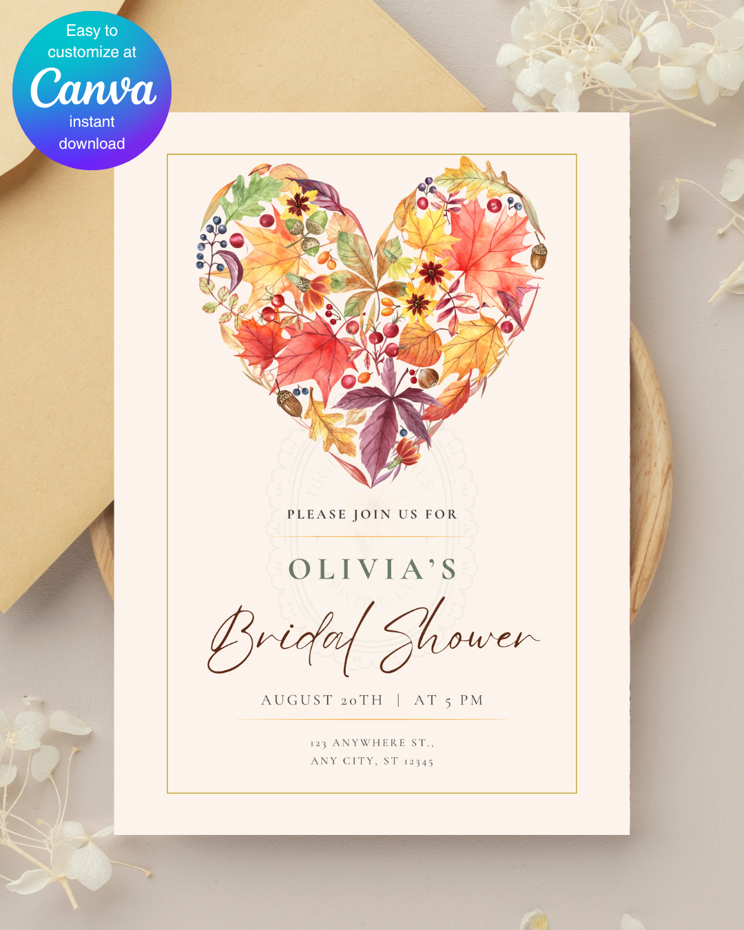 Fall Heart Bridal Shower Invitation — Editable Digital Download Template