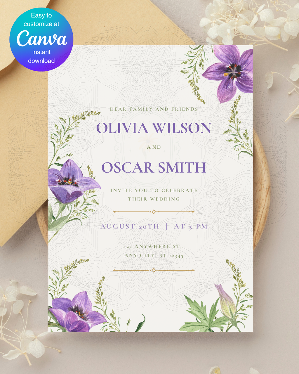 Violet Wildflower Wedding Invitation | Minimalist Printable Invite | Digital Download