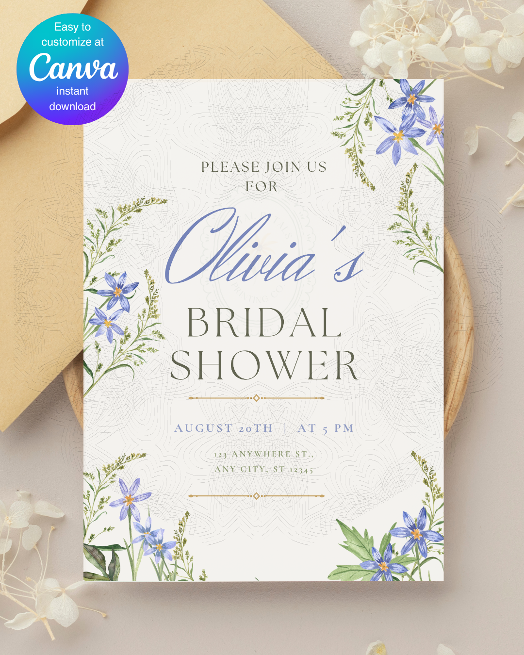 Blue Wildflower Bridal Shower Invitation | Minimalist Printable Invite | Digital Download