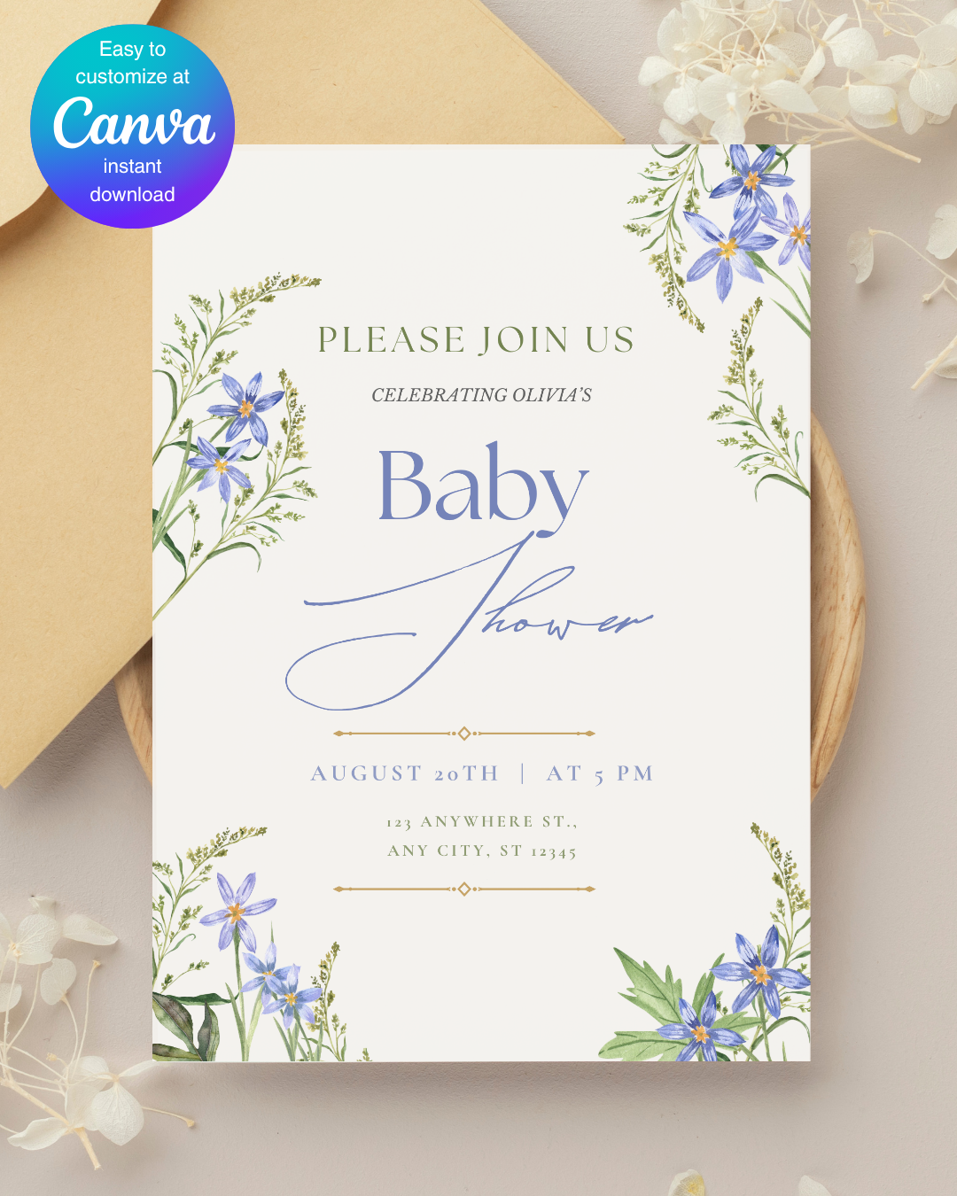 Blue Wildflower Baby Shower Invitation | Minimalist Printable Invite | Digital Download