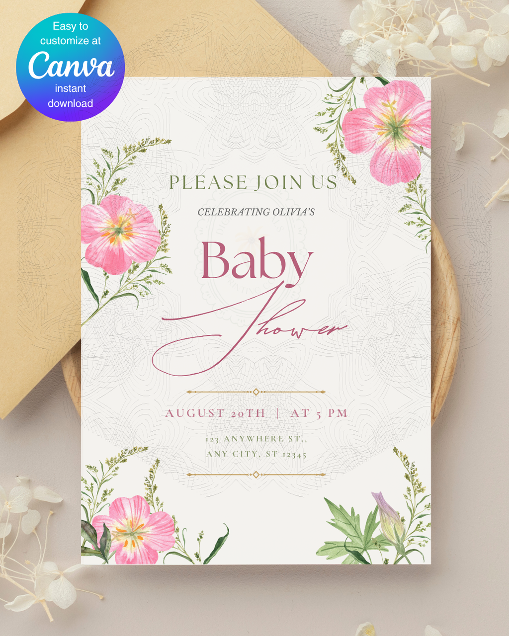 Pink Wildflower Baby Shower Invitation | Minimalist Printable Invite | Digital Download