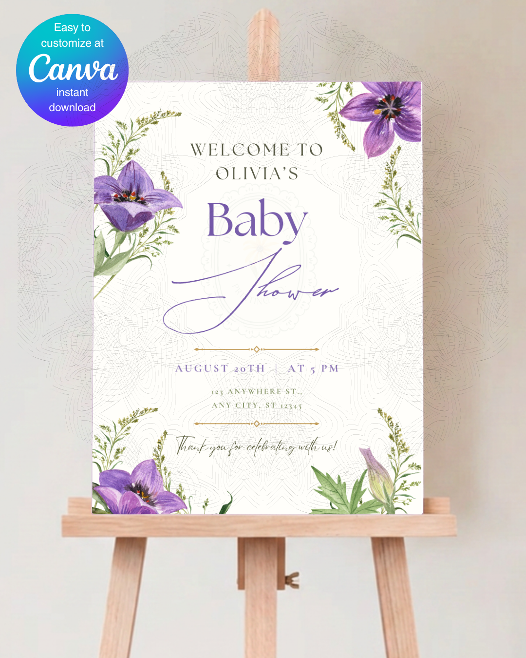 Violet Wildflower Baby Shower Welcome Sign | Editable Canva Template | Digital Download