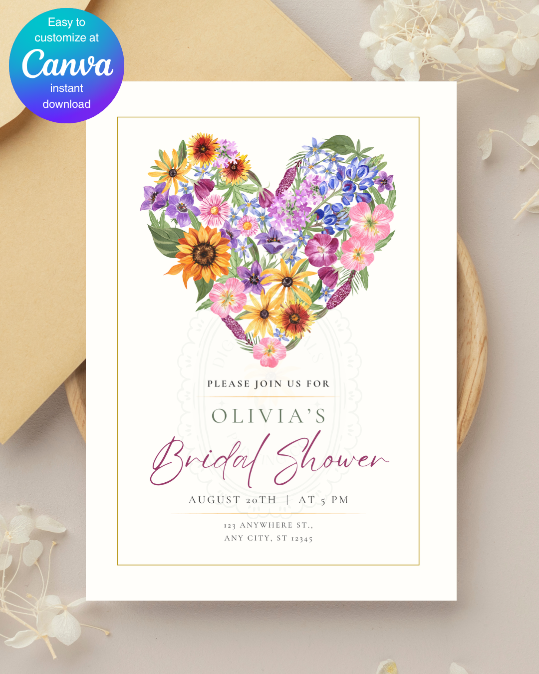 Wildflower Heart Bridal Shower Invitation — Editable Digital Download Template