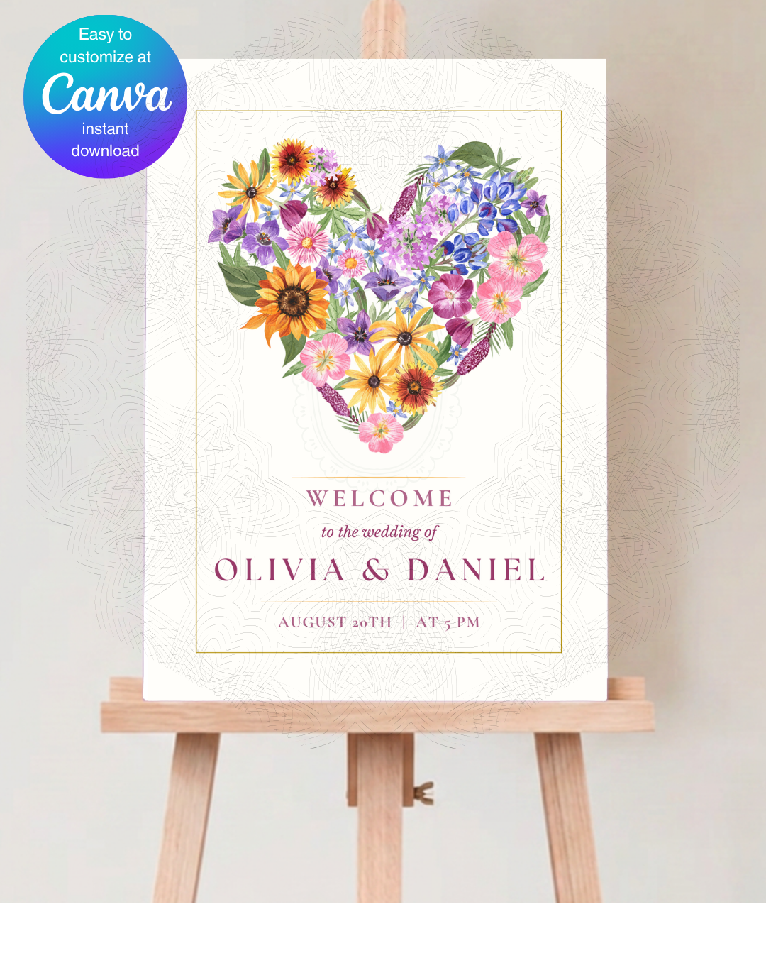 Wildflower Heart Wedding Welcome Sign | Editable Canva Template | Instant Digital Download
