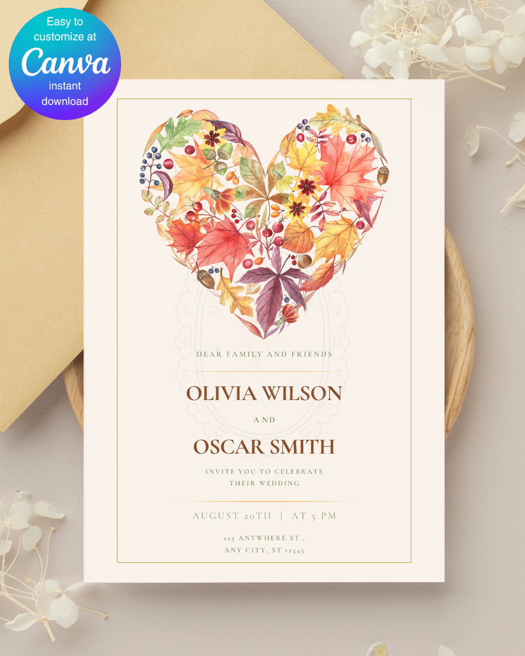 Fall Heart Wedding Invitation — Editable Digital Download Template