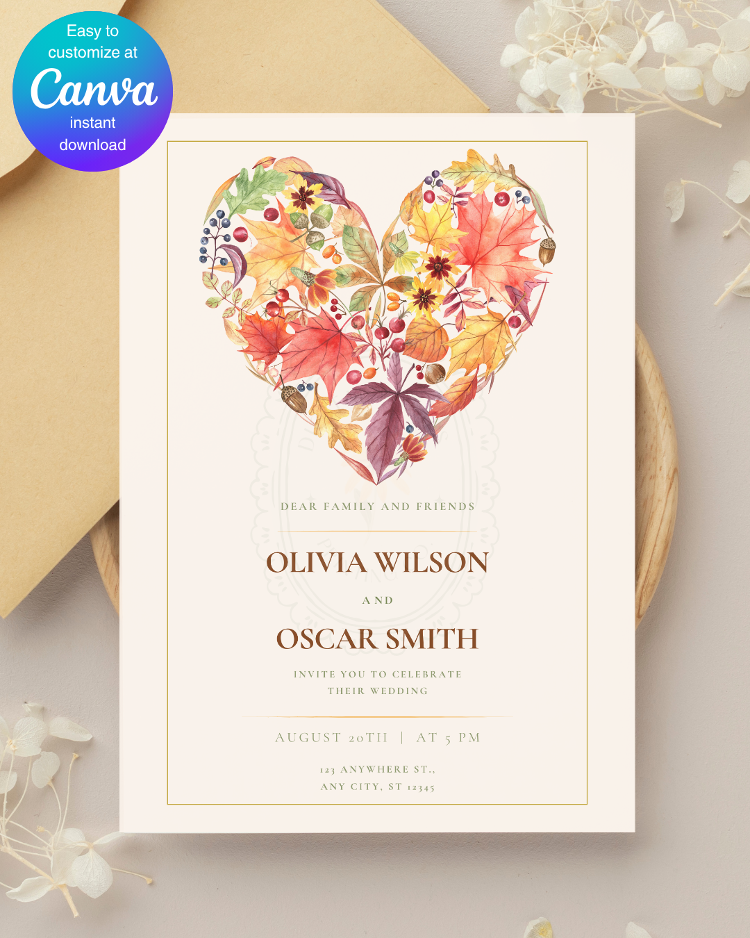 Fall Heart Wedding Invitation — Editable Digital Download Template