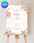 Pink Wildflower Baby Shower Welcome Sign | Editable Canva Template | Digital Download