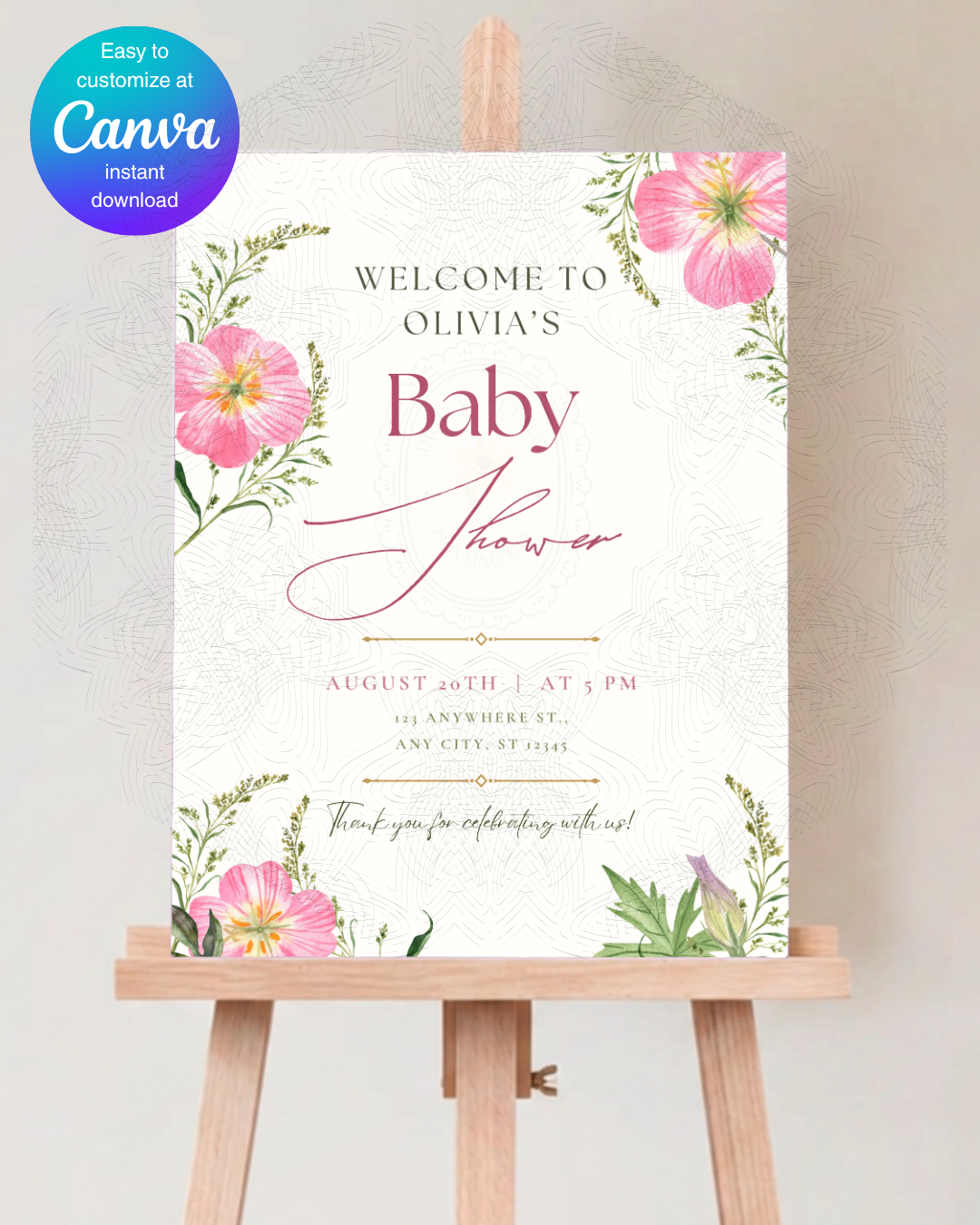 Pink Wildflower Baby Shower Welcome Sign | Editable Canva Template | Digital Download