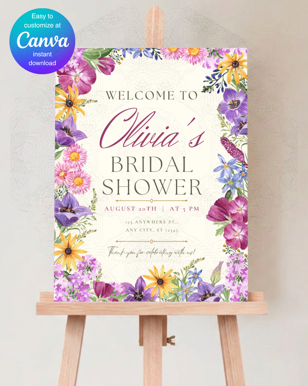 Wildflower Border Bridal Shower Welcome Sign | Editable Canva Template | Digital Download