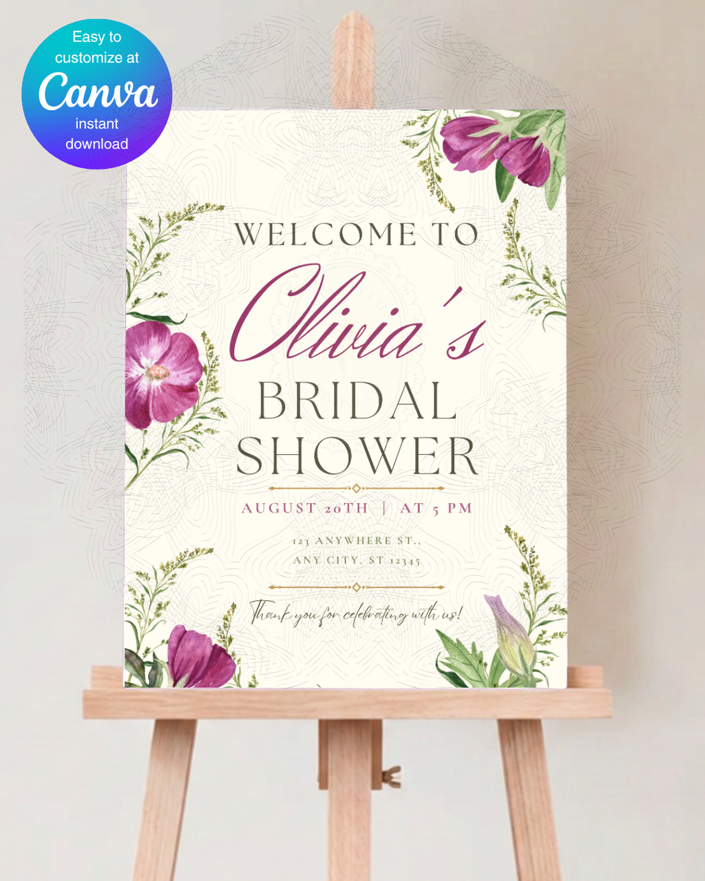 Purple Wildflower Bridal Shower Welcome Sign | Editable Canva Template | Digital Download