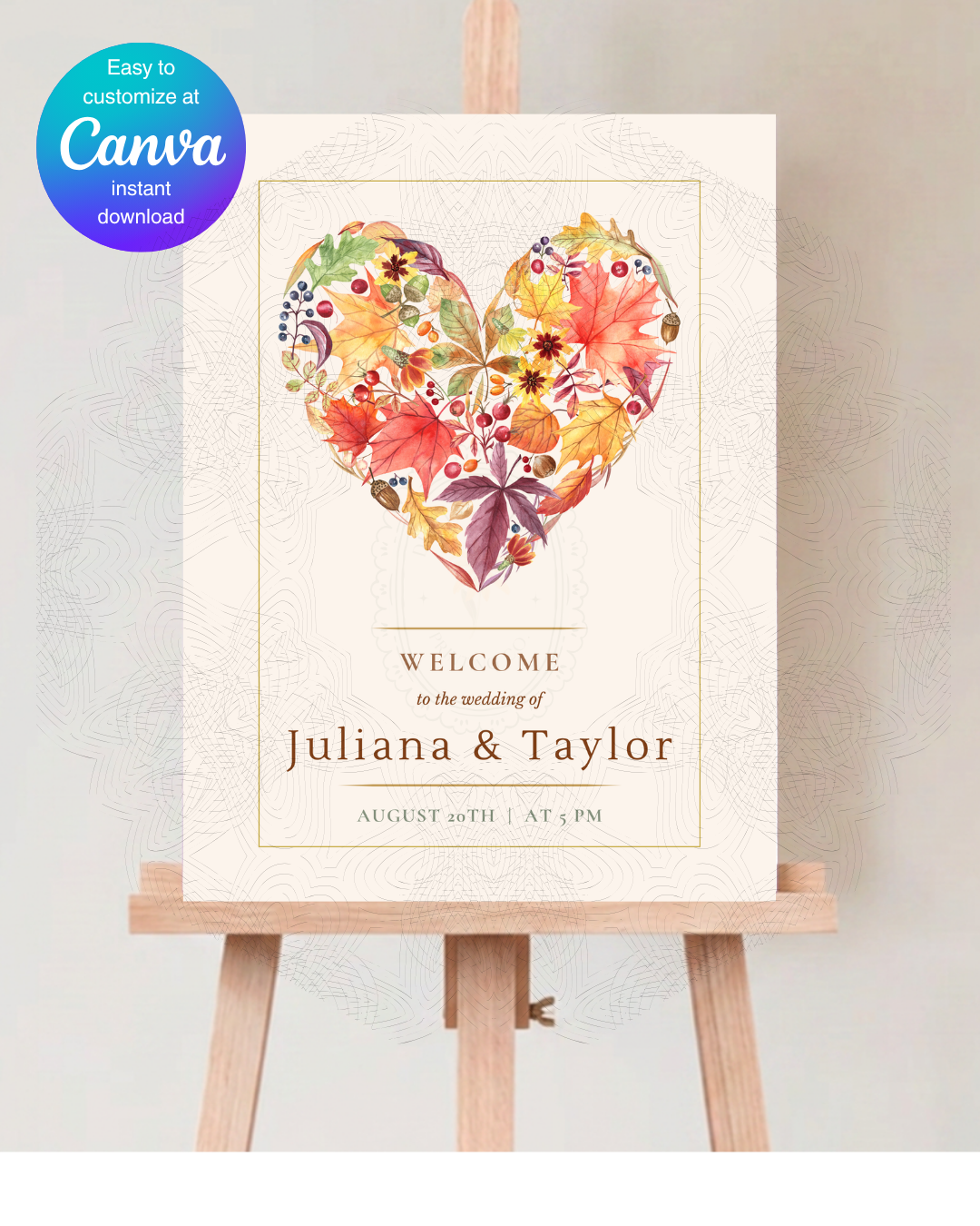 Fall Heart Wedding Welcome Sign | Editable Canva Template | Instant Digital Download