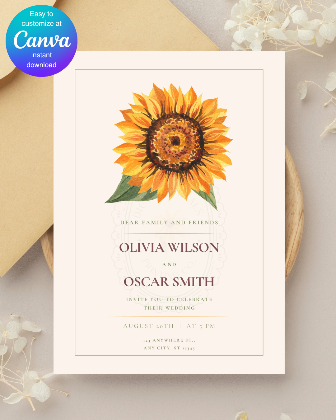 Sunflower Wedding Invitation — Editable Digital Download Template