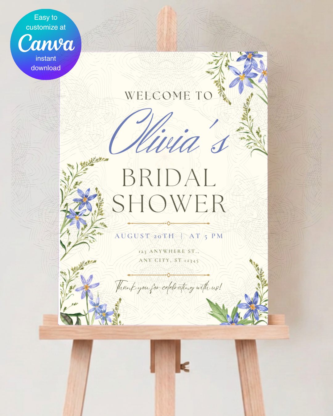 Blue Wildflower Bridal Shower Welcome Sign | Editable Canva Template | Digital Download