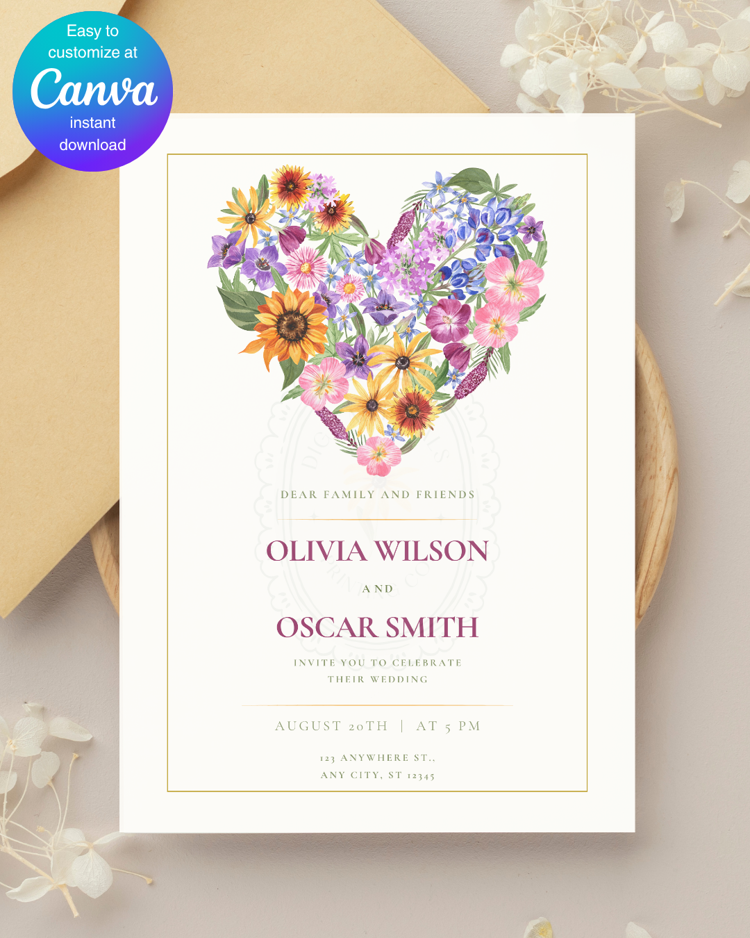 Wildflower Heart Wedding Invitation — Editable Digital Download Template