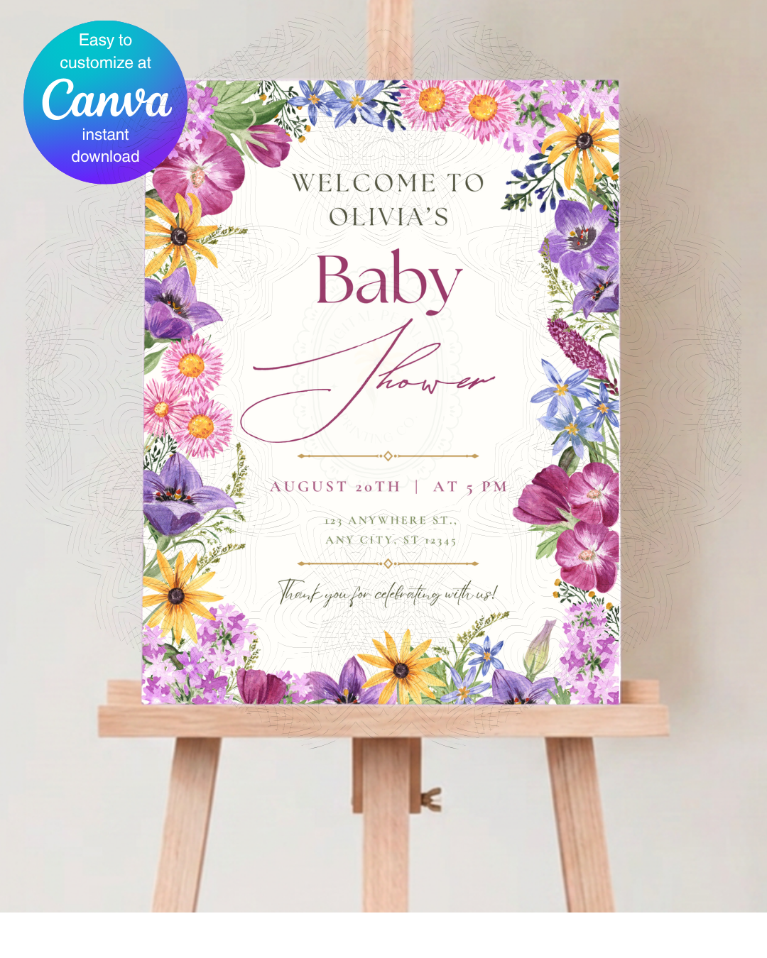 Wildflower Border Baby Shower Welcome Sign | Editable Canva Template | Digital Download