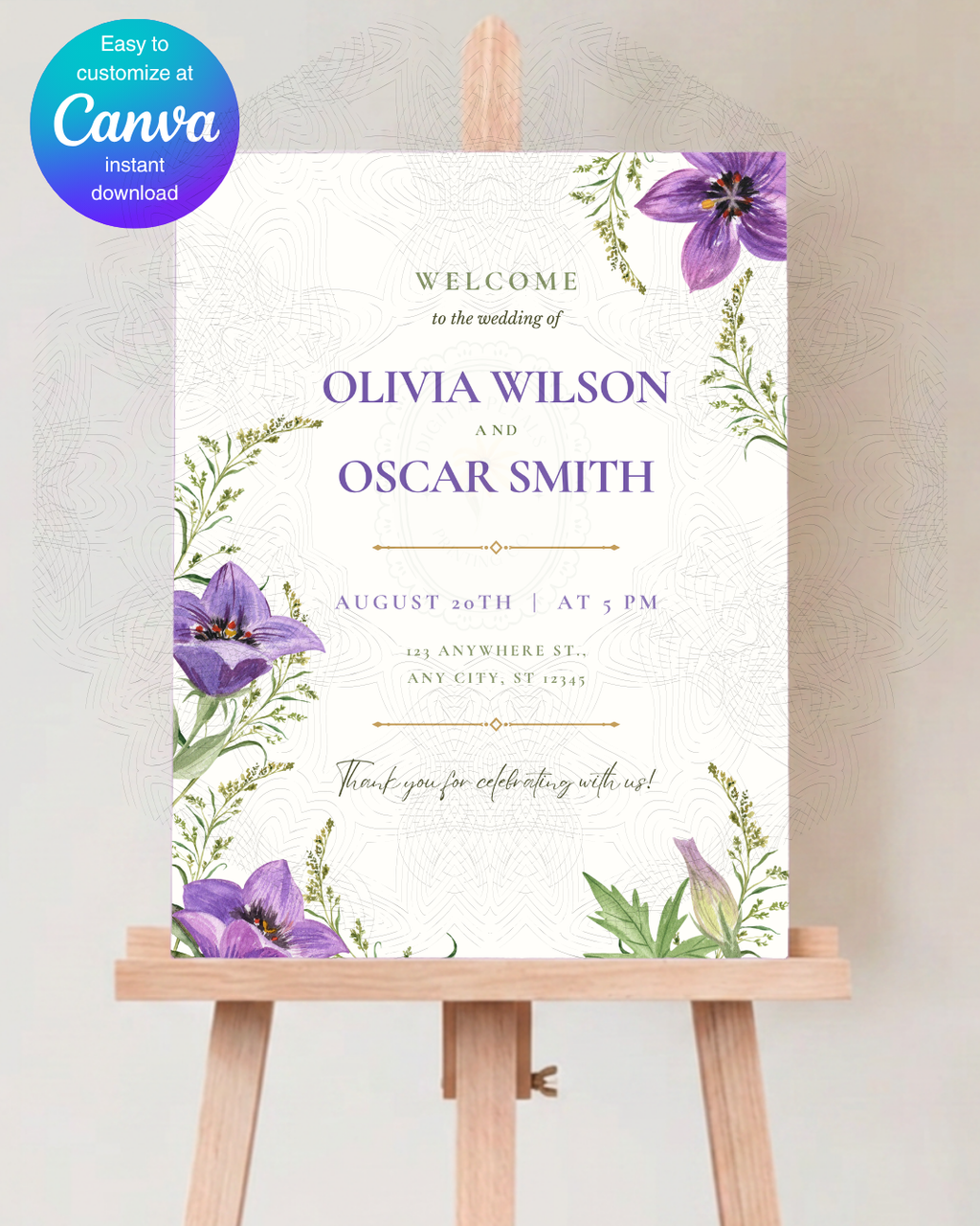 Violet Wildflower Wedding Welcome Sign | Editable Canva Template | Digital Download