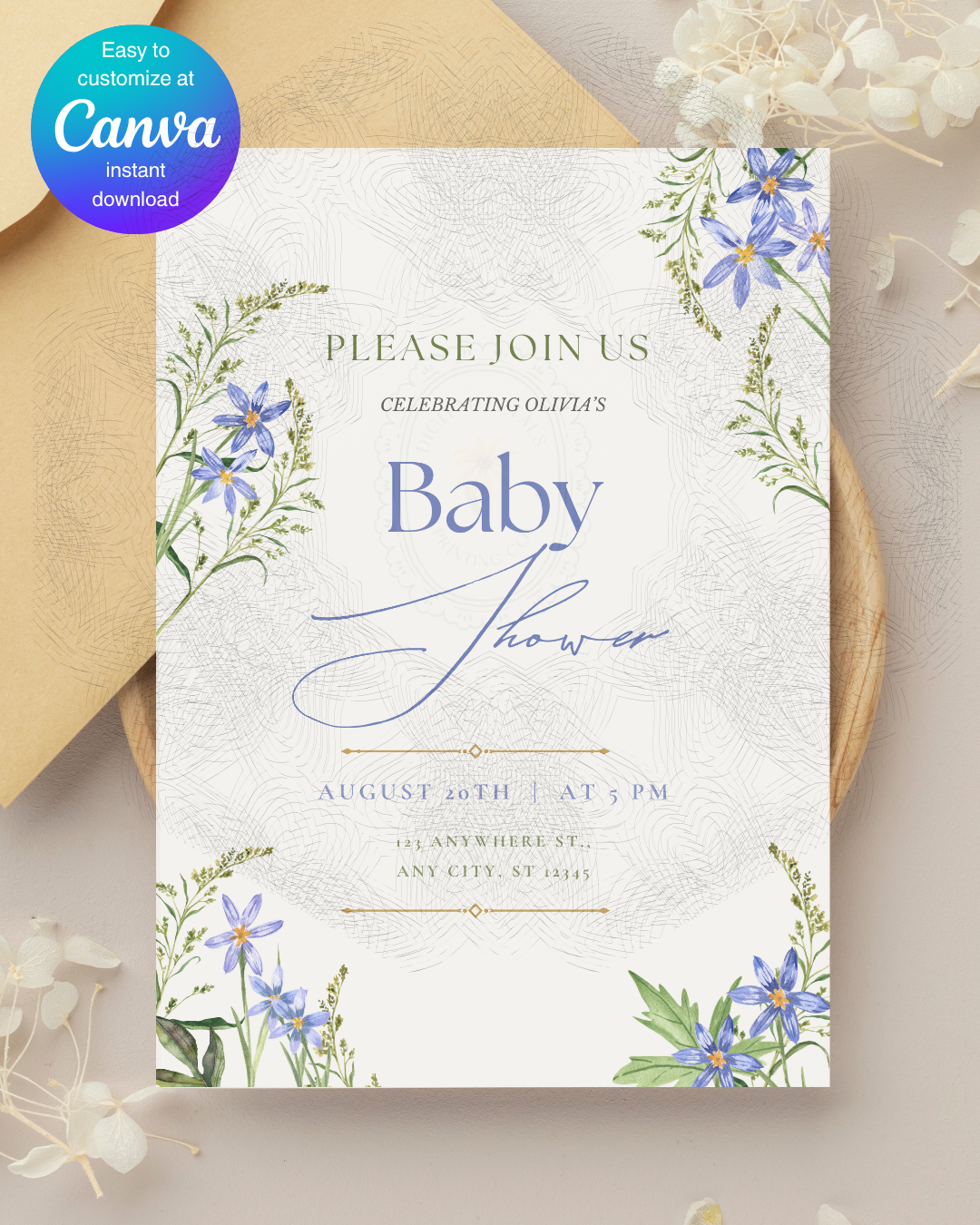 Blue Wildflower Baby Shower Invitation | Minimalist Printable Invite | Digital Download