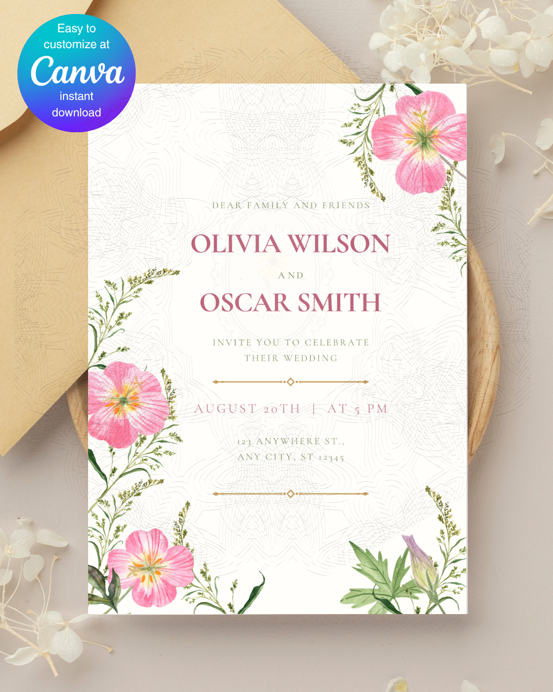 Pink Primrose Wildflower Wedding Invitation | Minimalist Printable Invite | Digital Download