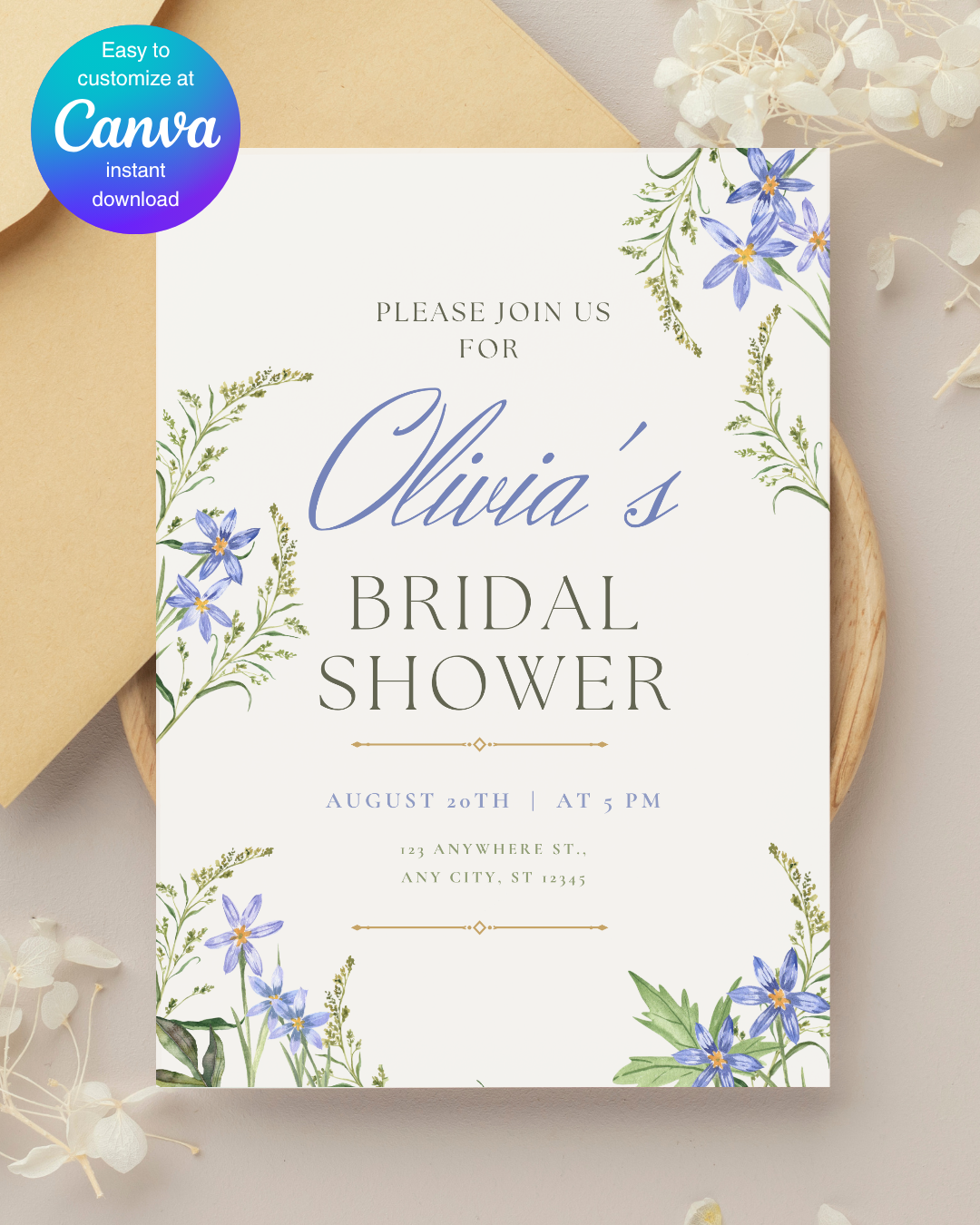 Blue Wildflower Bridal Shower Invitation | Minimalist Printable Invite | Digital Download