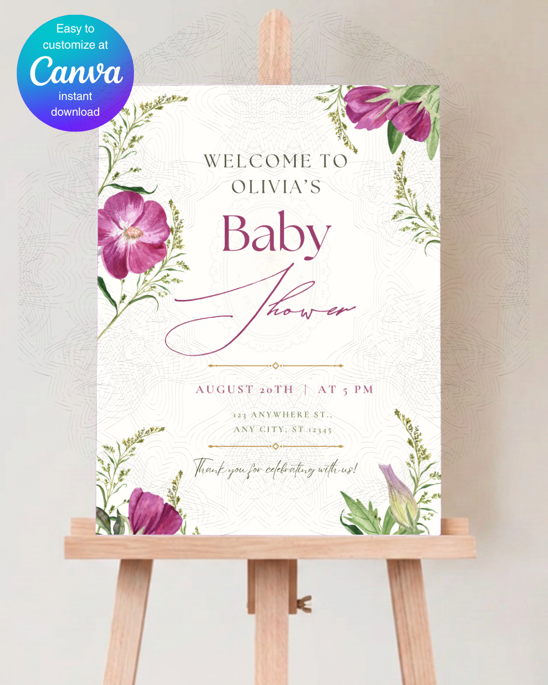 Purple Wildflower Baby Shower Welcome Sign | Editable Canva Template | Digital Download