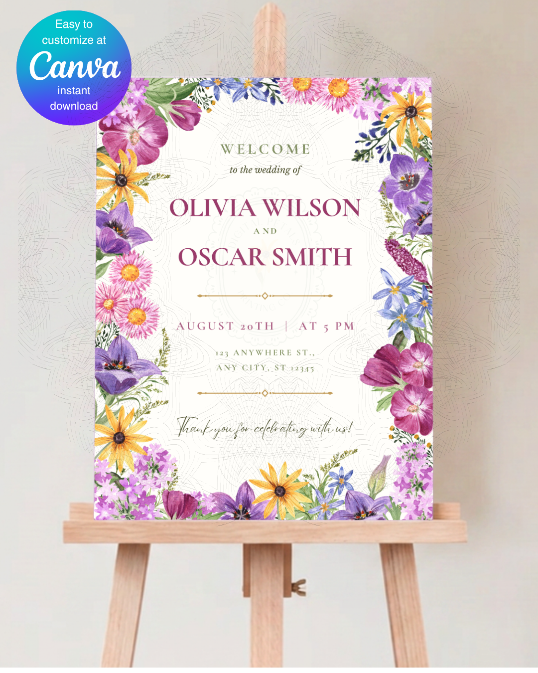Wedding Welcome Sign Printable | Colorful Wildflower Canva Template | Digital Download