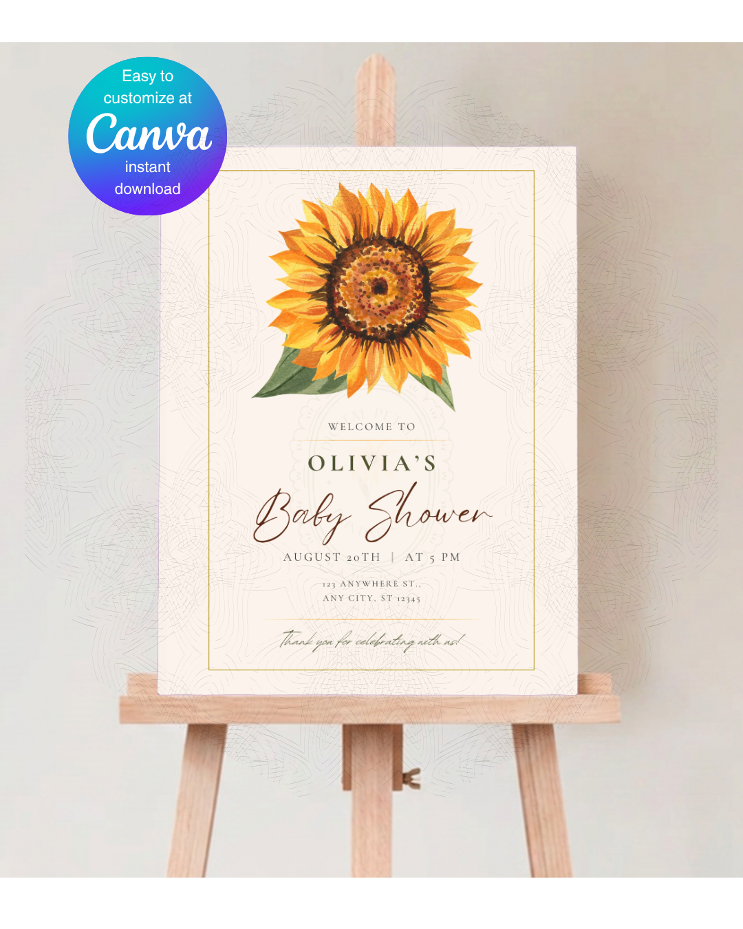 Sunflower Baby Shower Welcome Sign | Editable Canva Template | Instant Digital Download