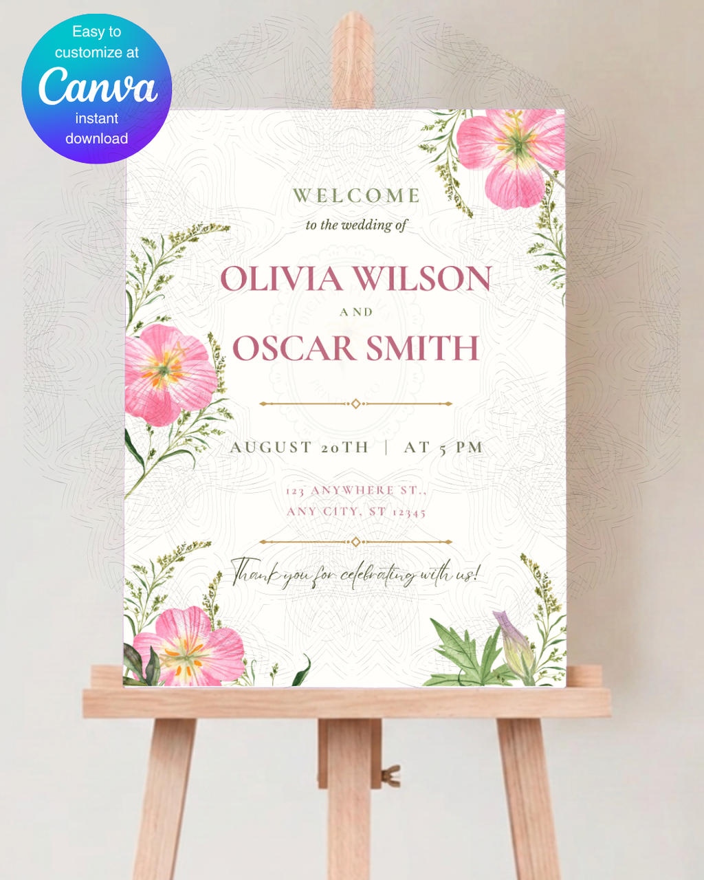 Pink Wildflower Wedding Welcome Sign | Editable Canva Template | Digital Download