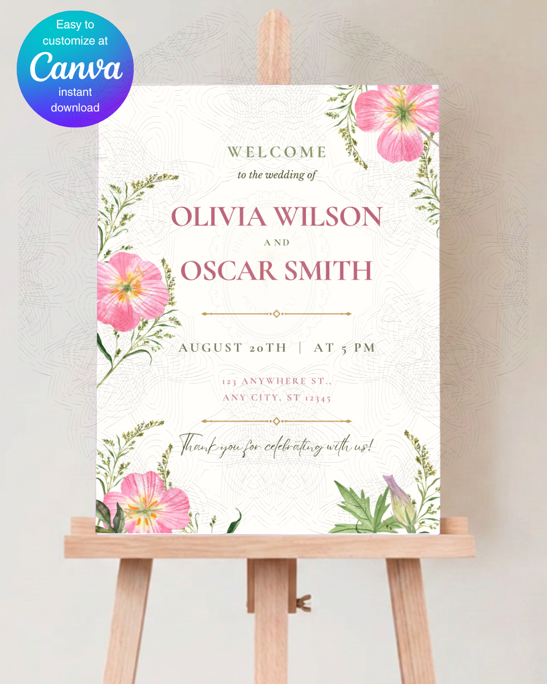 Pink Wildflower Wedding Welcome Sign | Editable Canva Template | Digital Download