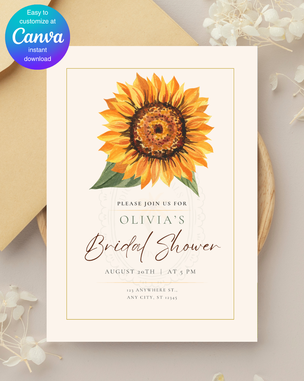 Sunflower Bridal Shower Invitation — Editable Digital Download Template