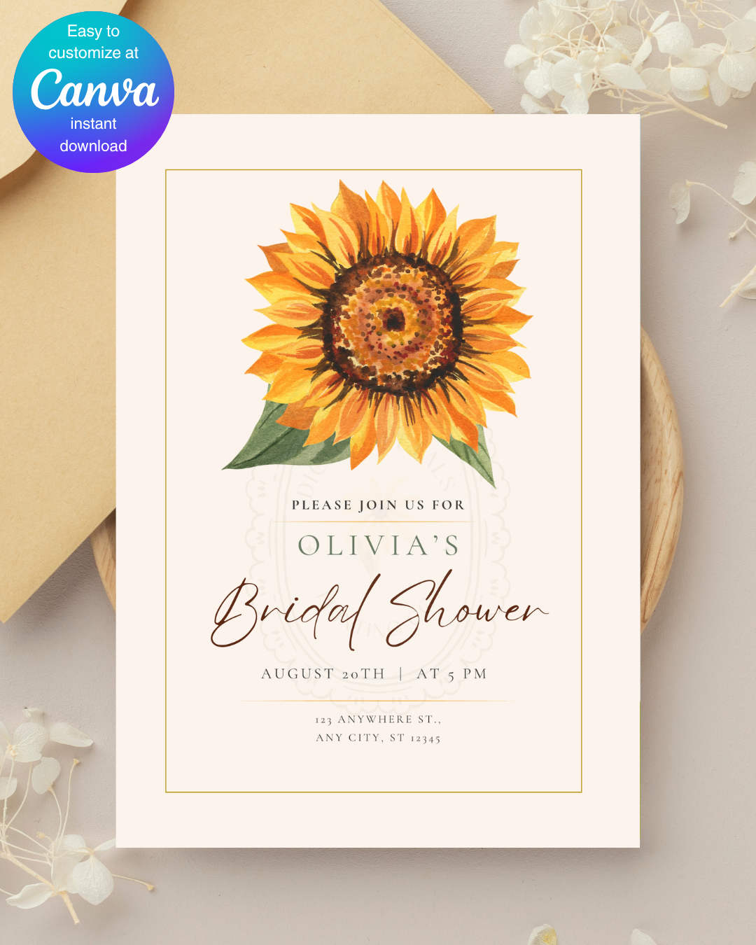 Sunflower Bridal Shower Invitation — Editable Digital Download Template