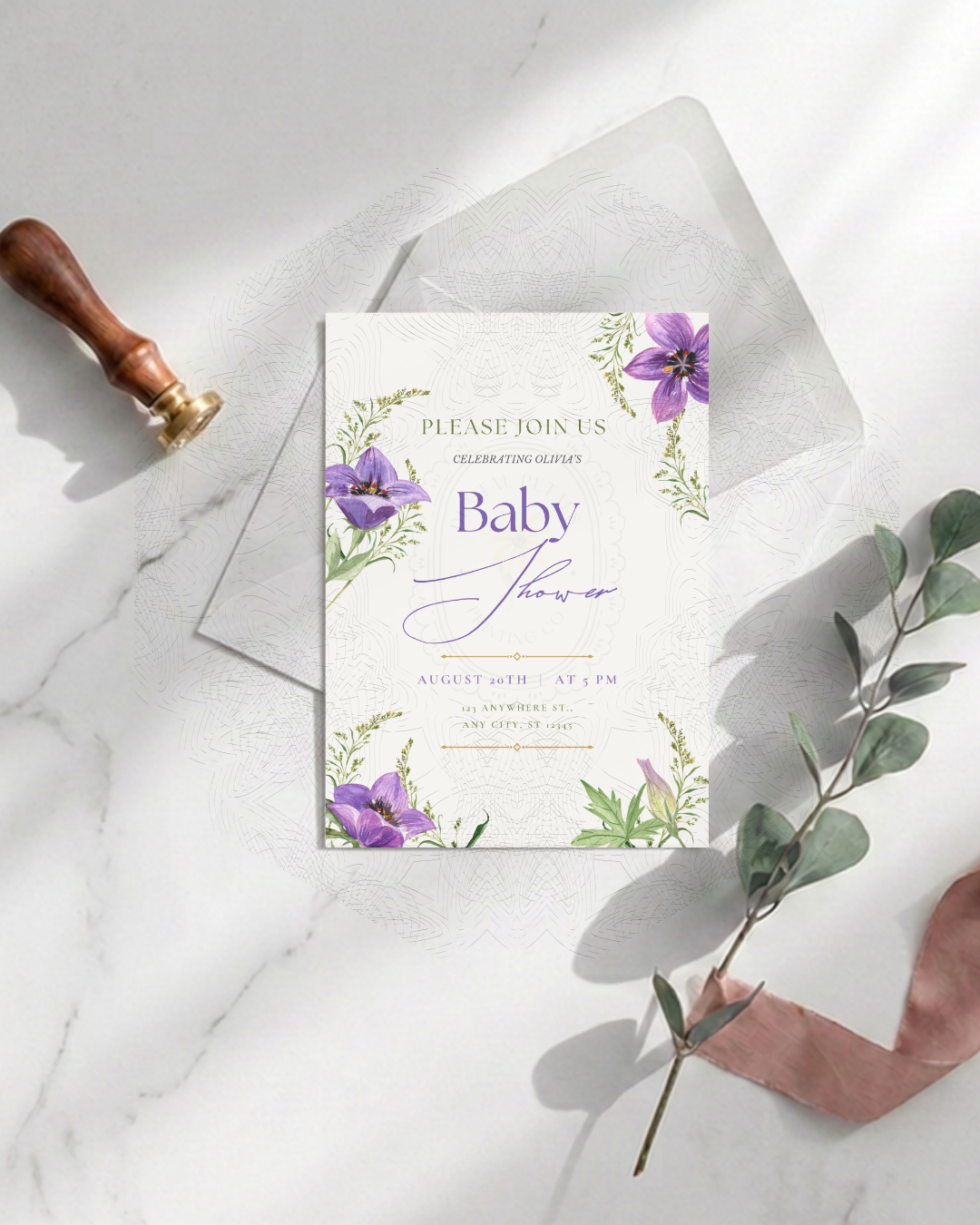 Violet Wildflower Baby Shower Invitation | Minimalist Printable Invite | Digital Download
