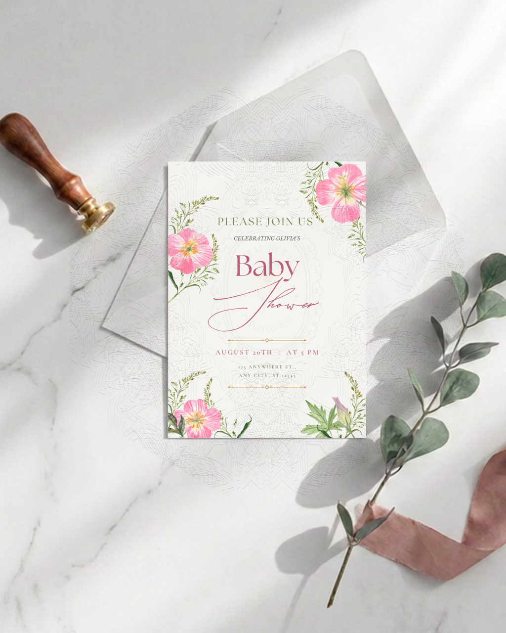 Pink Wildflower Baby Shower Invitation | Minimalist Printable Invite | Digital Download