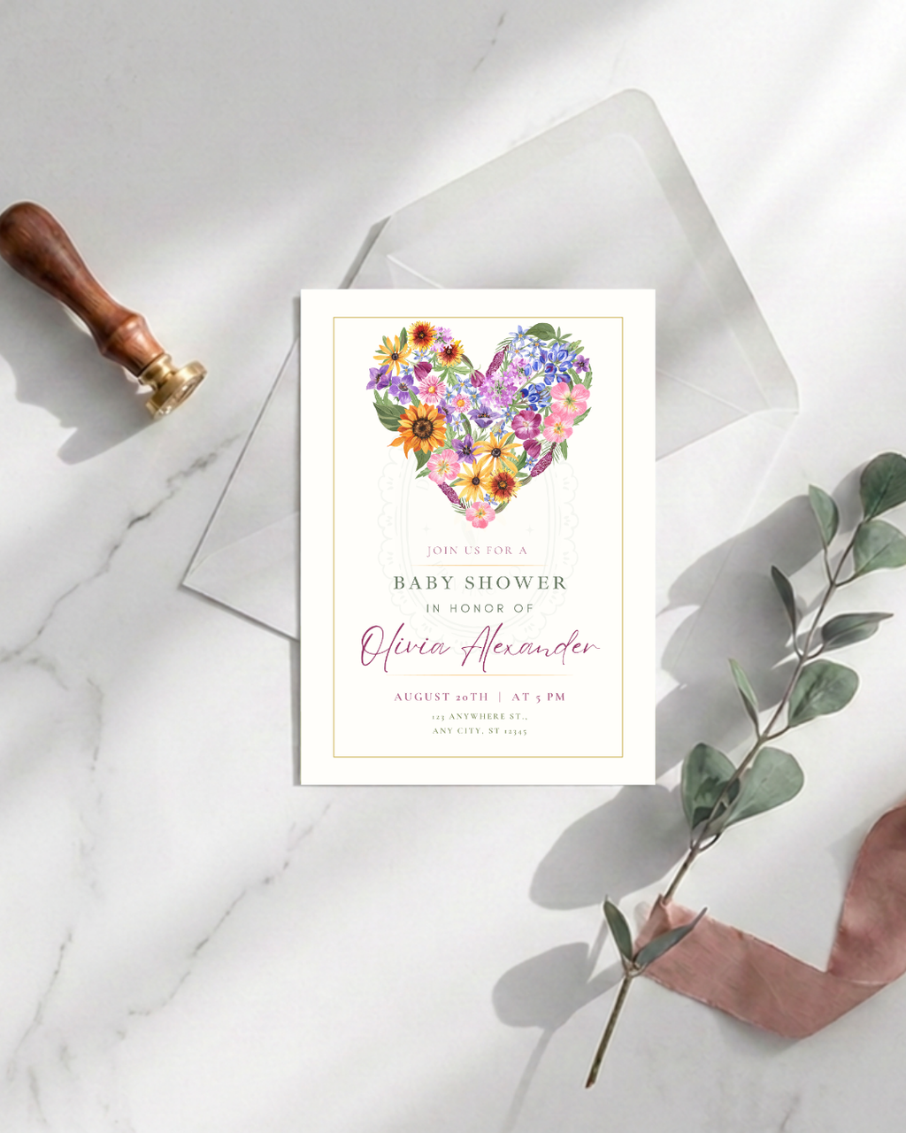 Wildflower Heart Baby Shower Invitation — Editable Digital Download Template