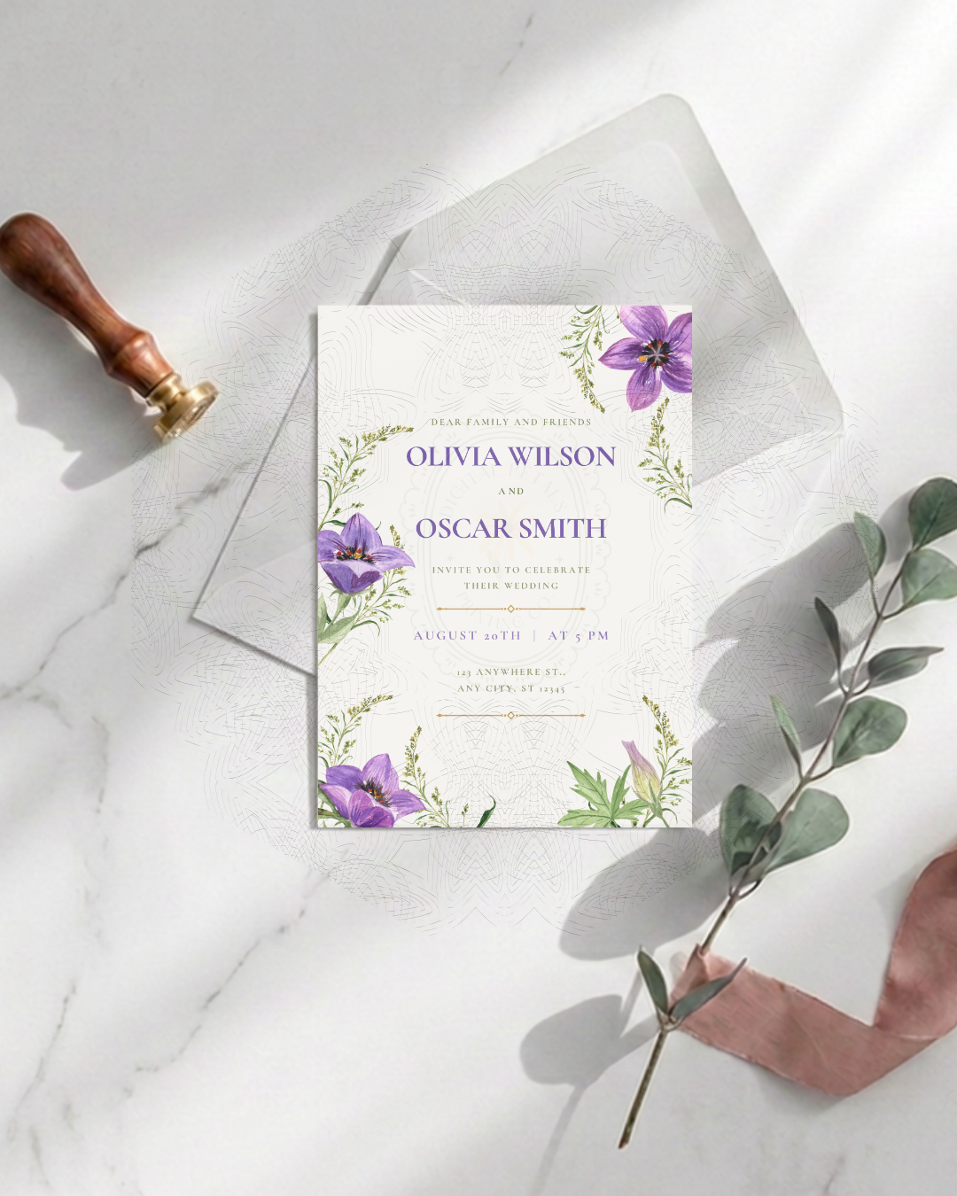 Violet Wildflower Wedding Invitation | Minimalist Printable Invite | Digital Download