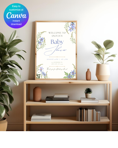 Blue Wildflower Baby Shower Welcome Sign | Editable Canva Template | Digital Download
