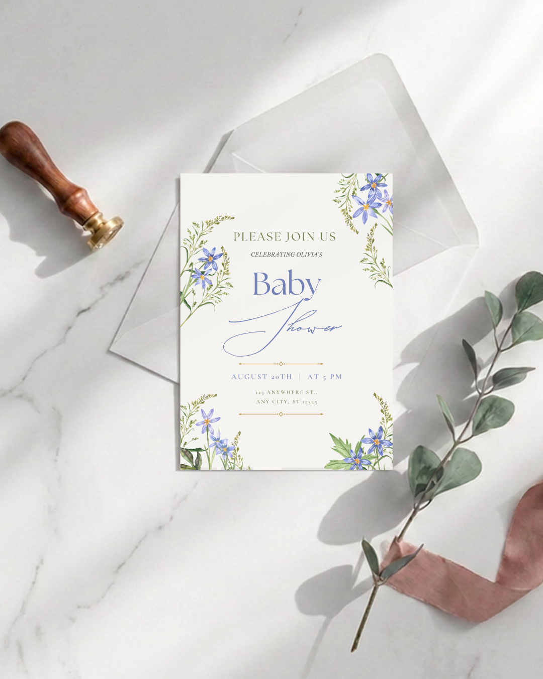 Blue Wildflower Baby Shower Invitation | Minimalist Printable Invite | Digital Download
