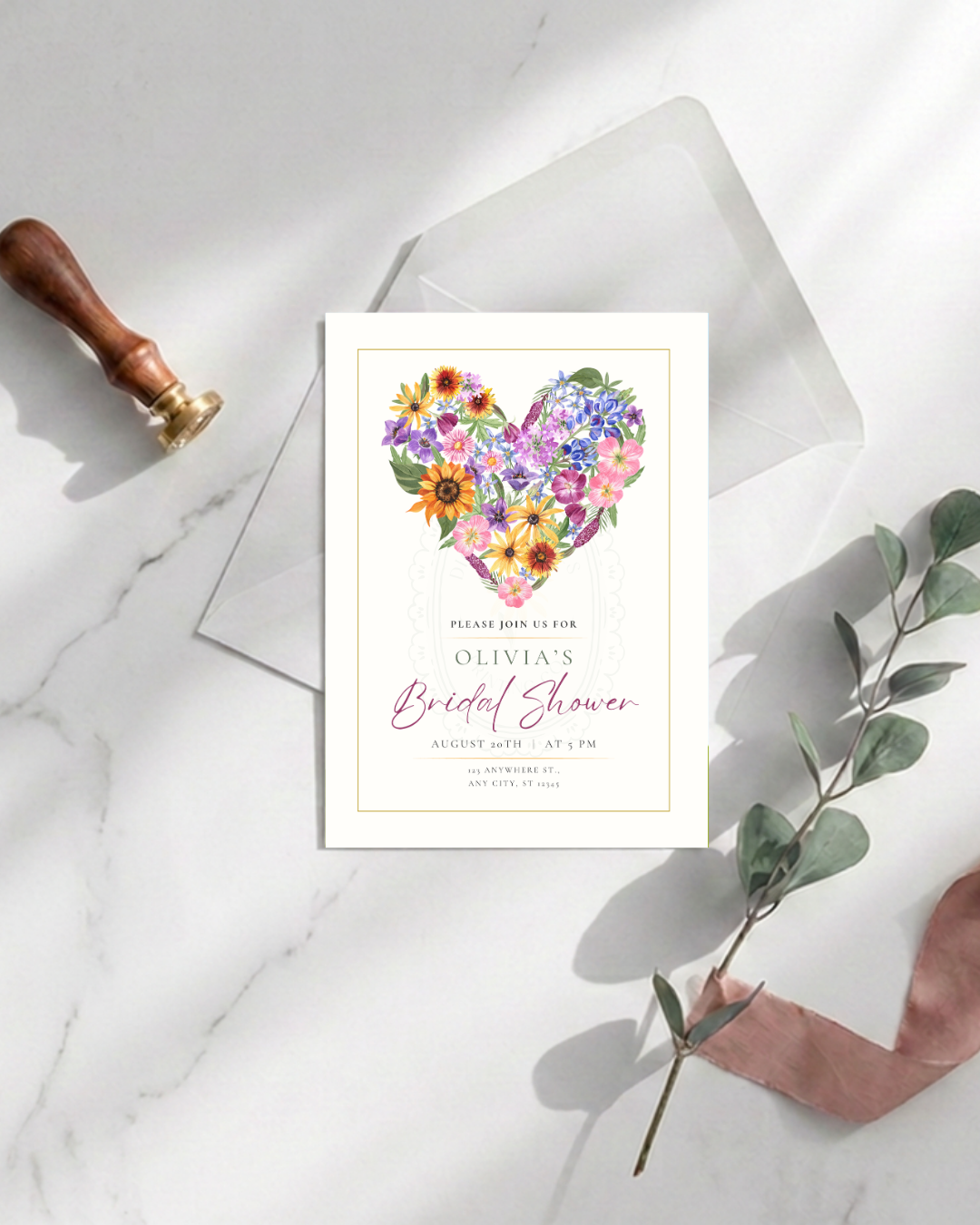 Wildflower Heart Bridal Shower Invitation — Editable Digital Download Template