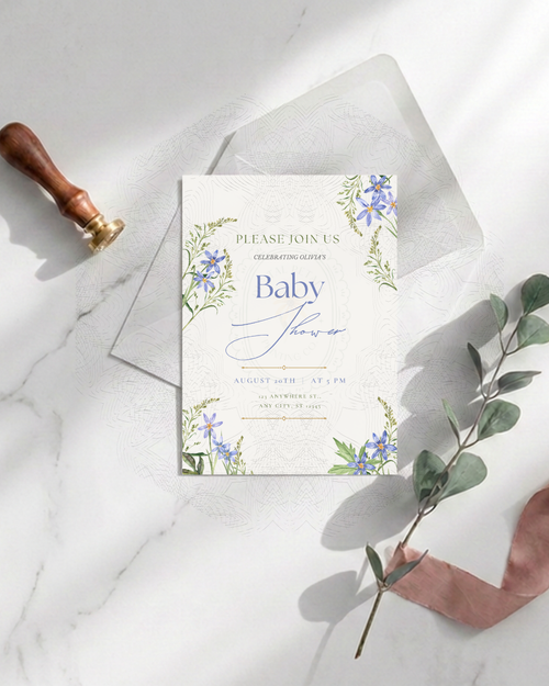 Blue Wildflower Baby Shower Invitation | Minimalist Printable Invite | Digital Download