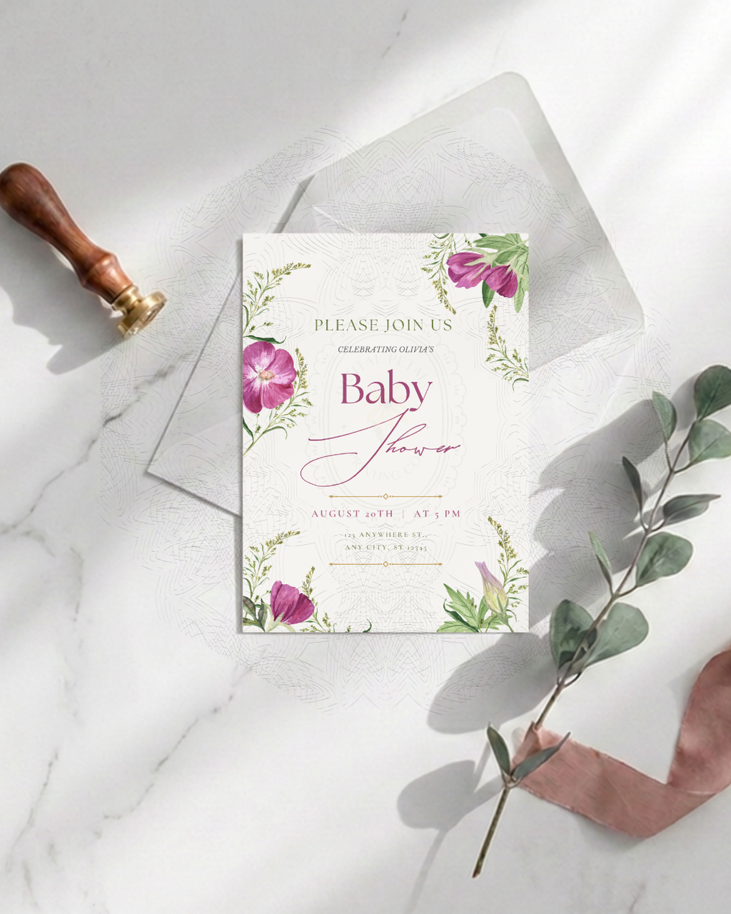 Purple Wildflower Baby Shower Invitation | Minimalist Printable Invite | Digital Download