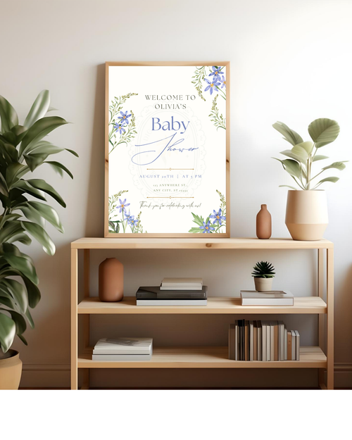 Blue Wildflower Baby Shower Welcome Sign | Editable Canva Template | Digital Download
