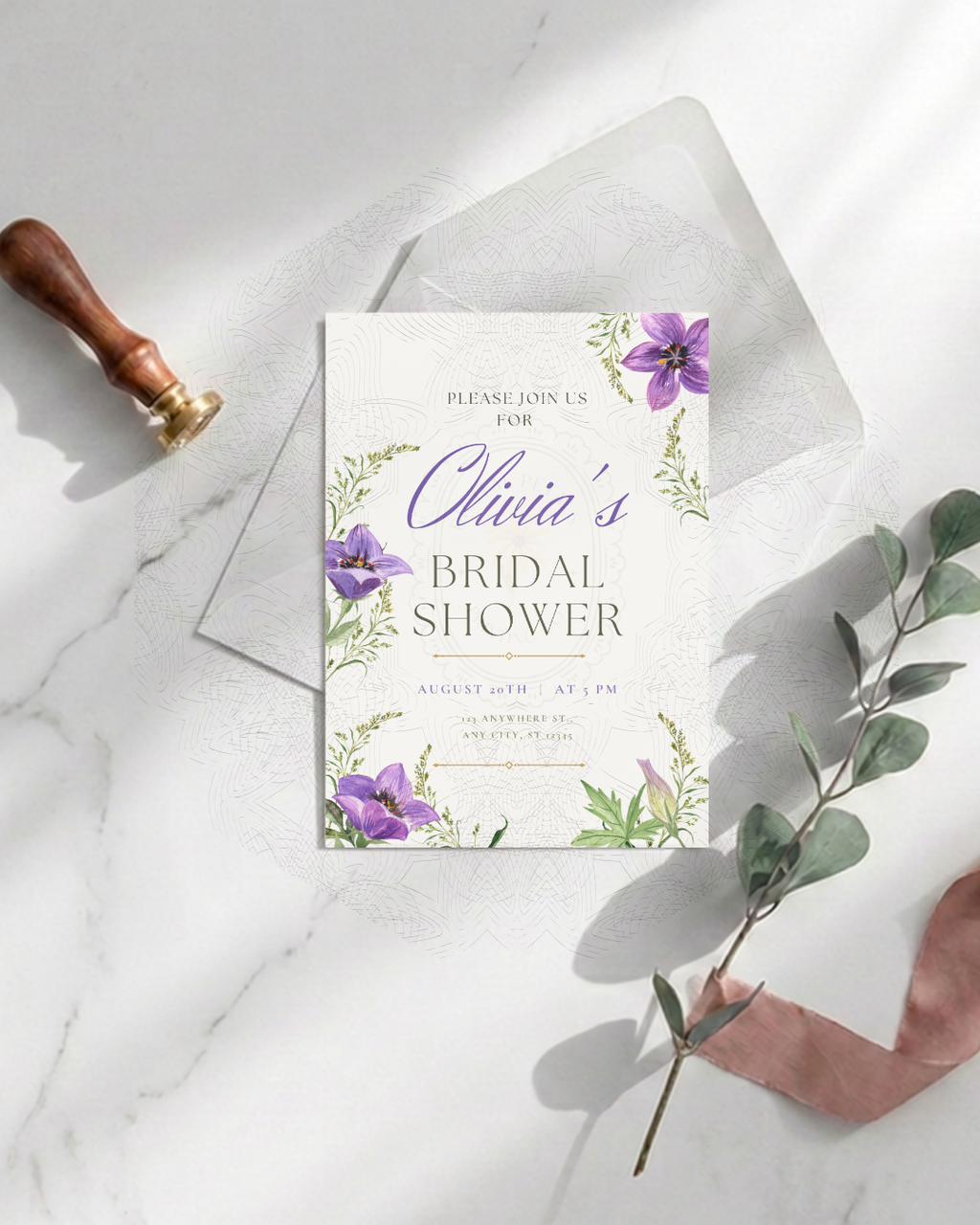 Violet Wildflower Bridal Shower Invitation | Minimalist Printable Invite | Digital Download