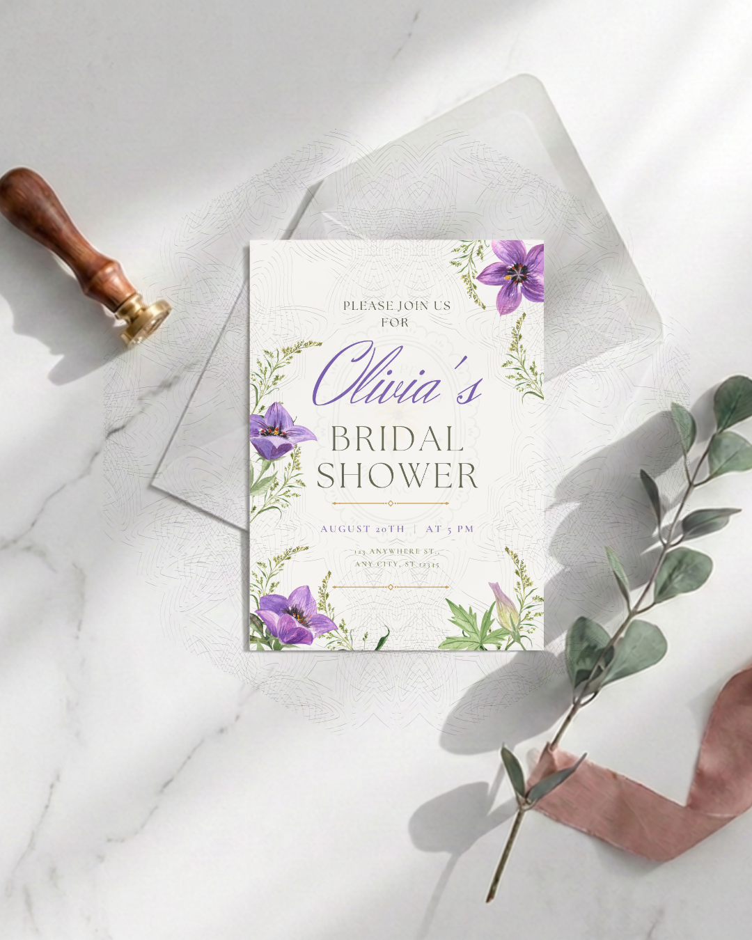 Violet Wildflower Bridal Shower Invitation | Minimalist Printable Invite | Digital Download