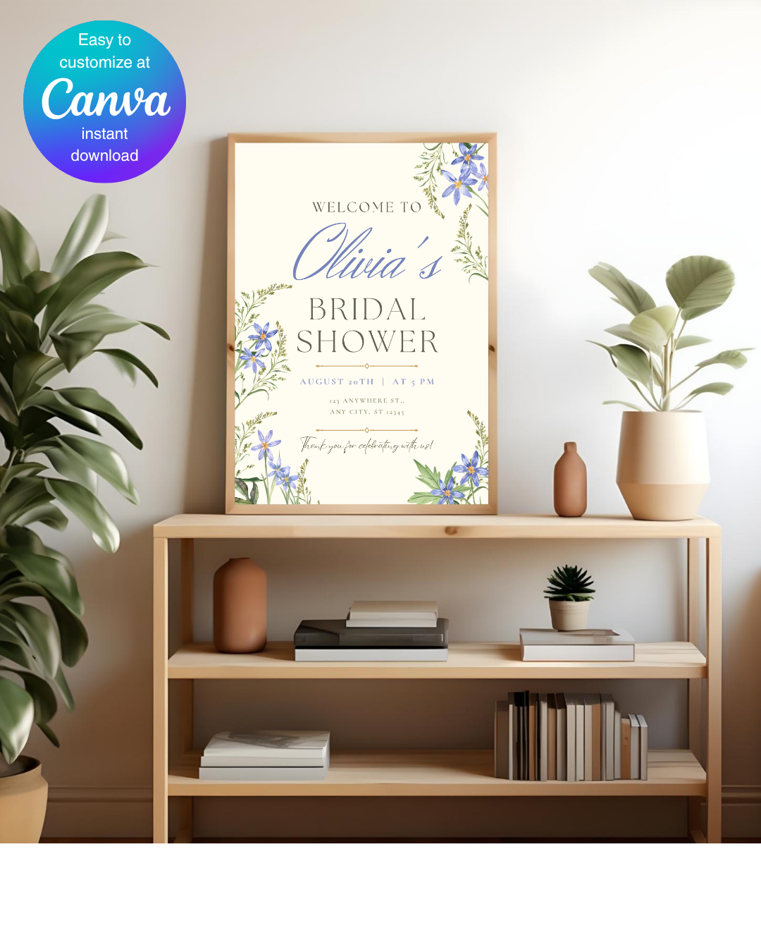Blue Wildflower Bridal Shower Welcome Sign | Editable Canva Template | Digital Download