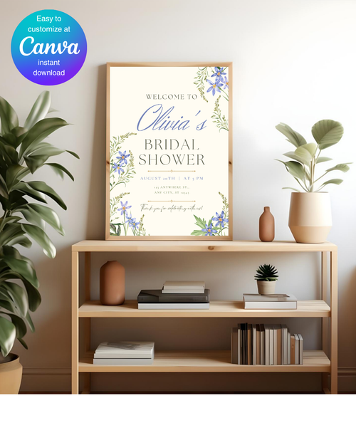 Blue Wildflower Bridal Shower Welcome Sign | Editable Canva Template | Digital Download