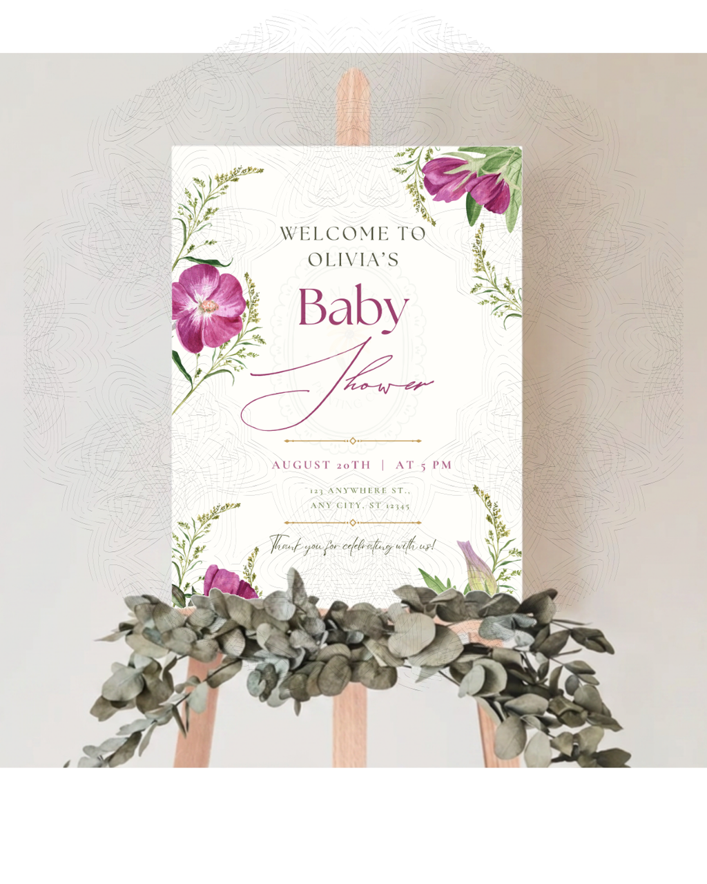 Purple Wildflower Baby Shower Welcome Sign | Editable Canva Template | Digital Download